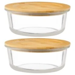 B&M Round Glass Food Containers With Bamboo Lid 2pk